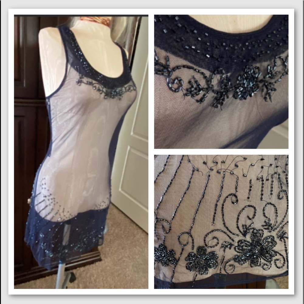 See Through Beaded Sexy Night Gown Navy Blue Small Nude Naked Sexy Mini Dress SM